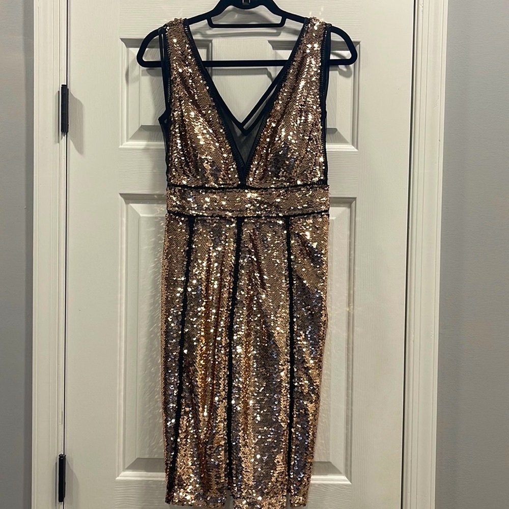 NWOT Boston Proper Metallic Copper Deep Mesh V Sequin Sparkle Dress -XS - Picture 4 of 10